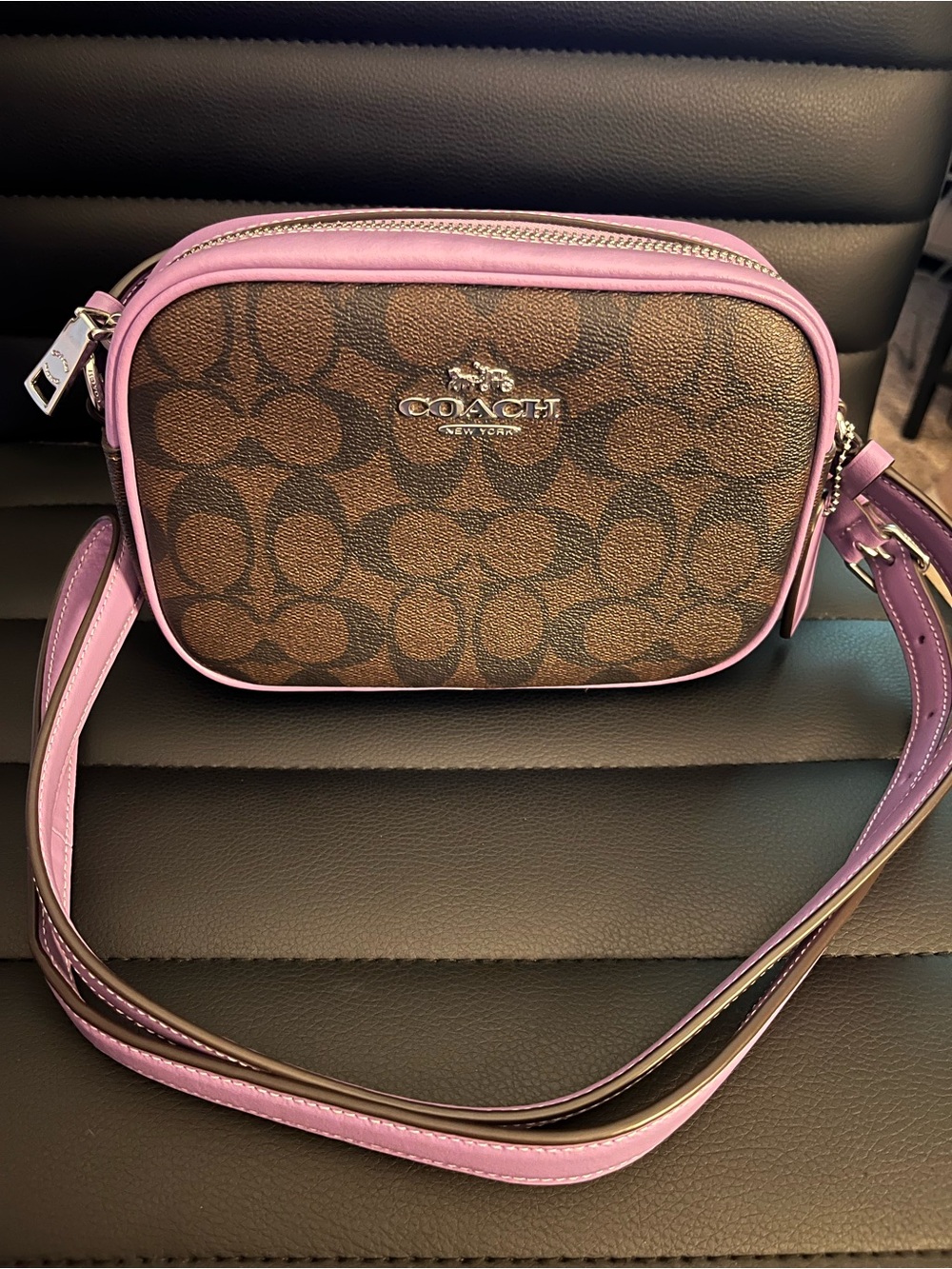 Coach Signature Canvas Mini Jamie Camera Crossbody Bag in Brown and Purple